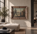 AI vizualizace: pražský obraz v ornamentálním rámu v moderním interiéru. Ilustrační prostředí, nikoli dokumentace stavu. AI interior visualization; not a condition photograph.