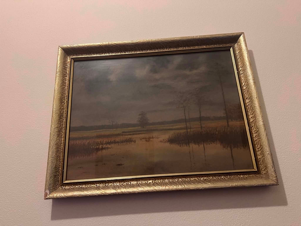 Quiet Wetland Landscape beneath an Overcast Sky – Oil Painting, Signed Vrána, 55 × 43 cm