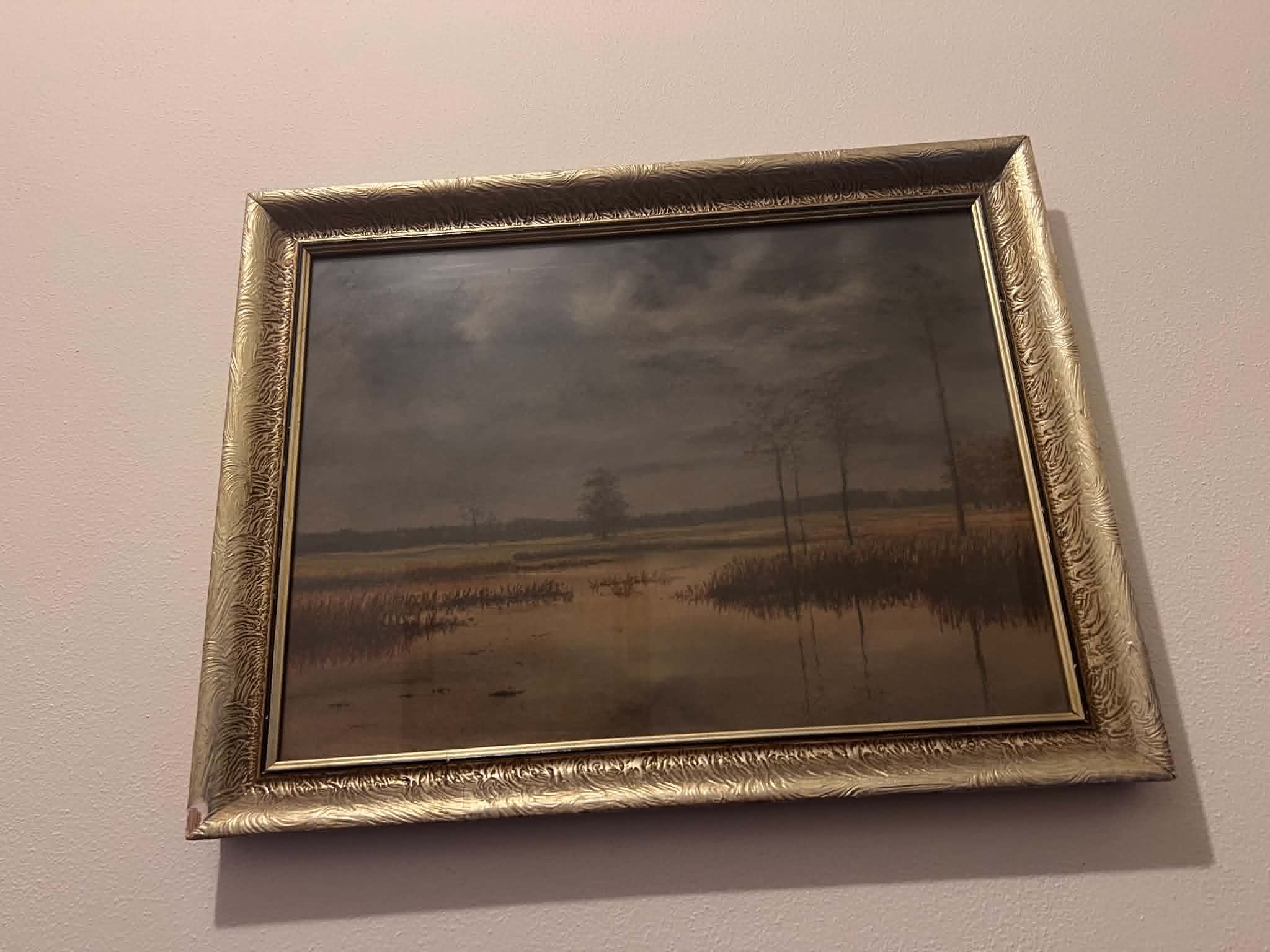 Quiet Wetland Landscape beneath an Overcast Sky – Oil Painting, Signed Vrána, 55 × 43 cm