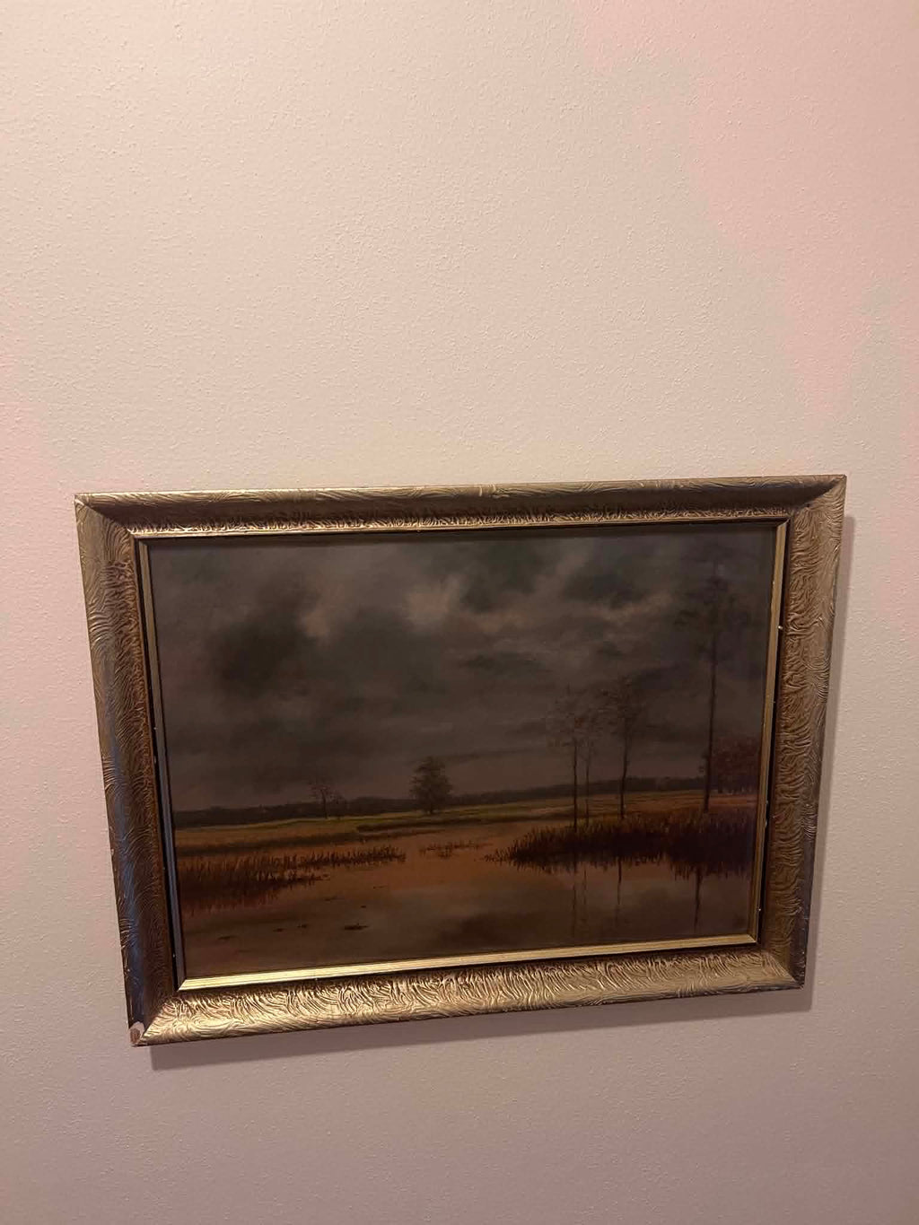 Quiet Wetland Landscape beneath an Overcast Sky – Oil Painting, Signed Vrána, 55 × 43 cm