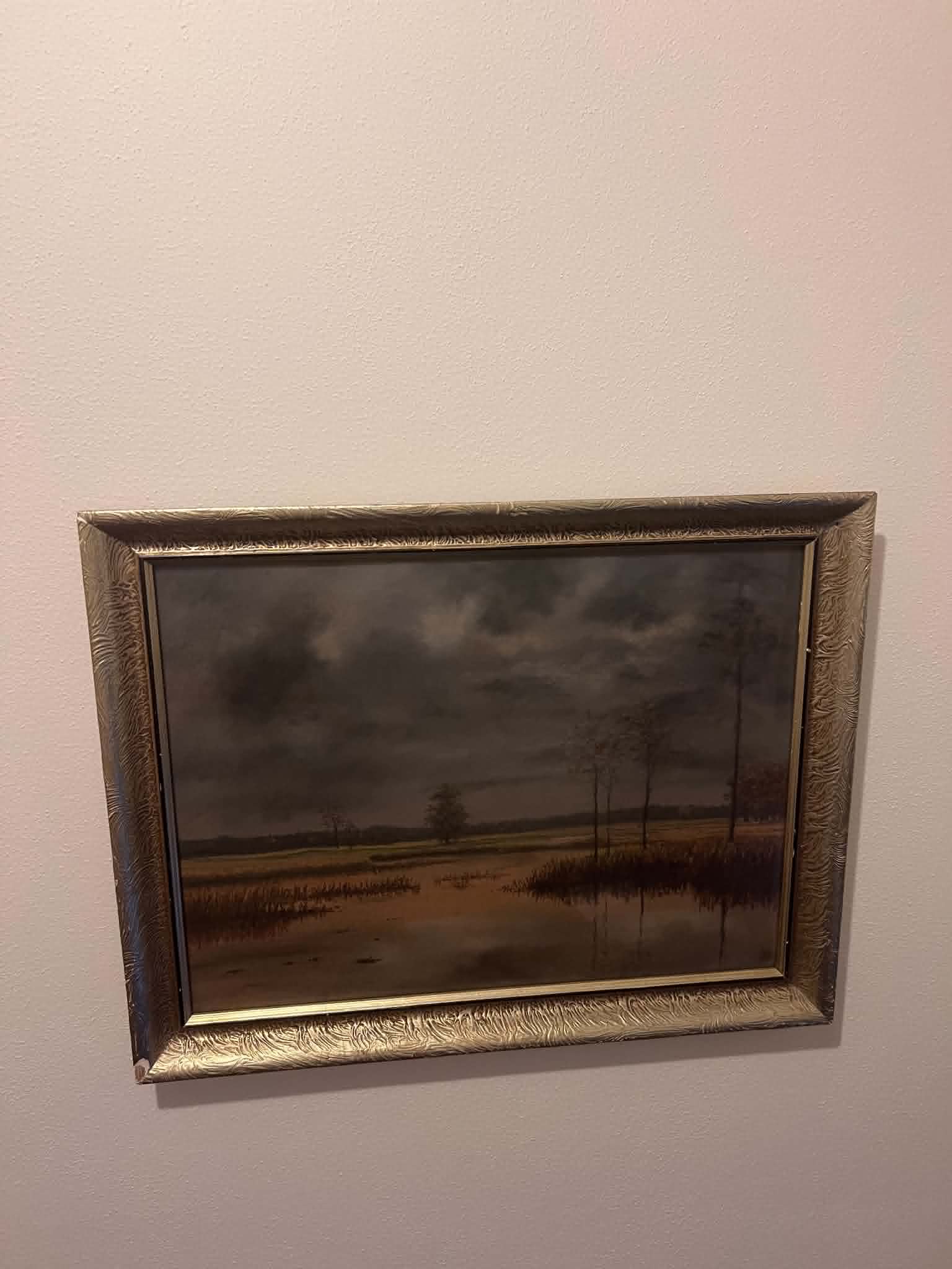 Quiet Wetland Landscape beneath an Overcast Sky – Oil Painting, Signed Vrána, 55 × 43 cm