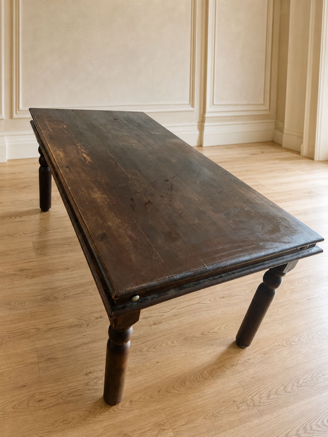 Large Antique Solid Wood Extending Dining Table with Turned Legs