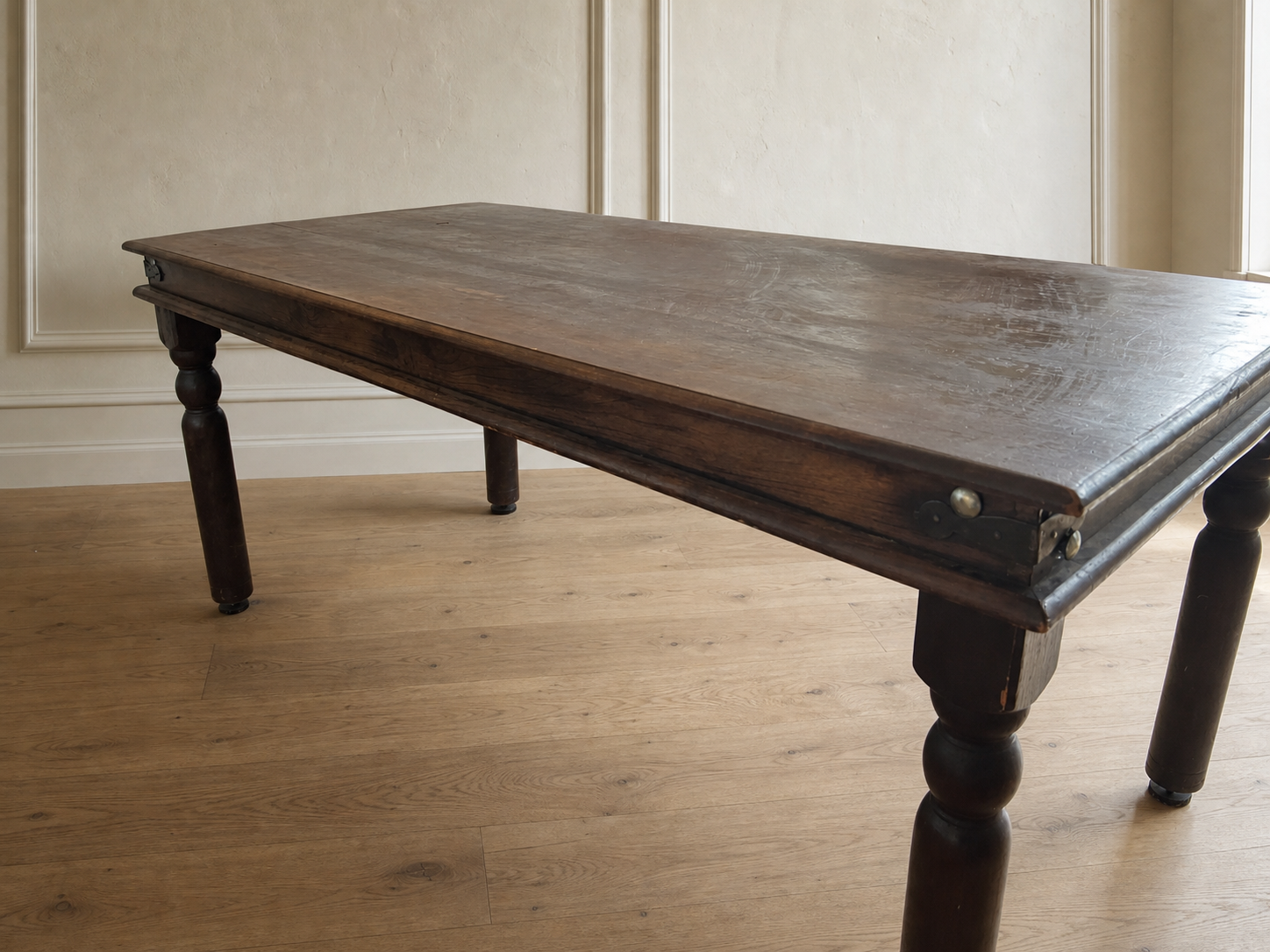 Large Antique Solid Wood Extending Dining Table with Turned Legs
