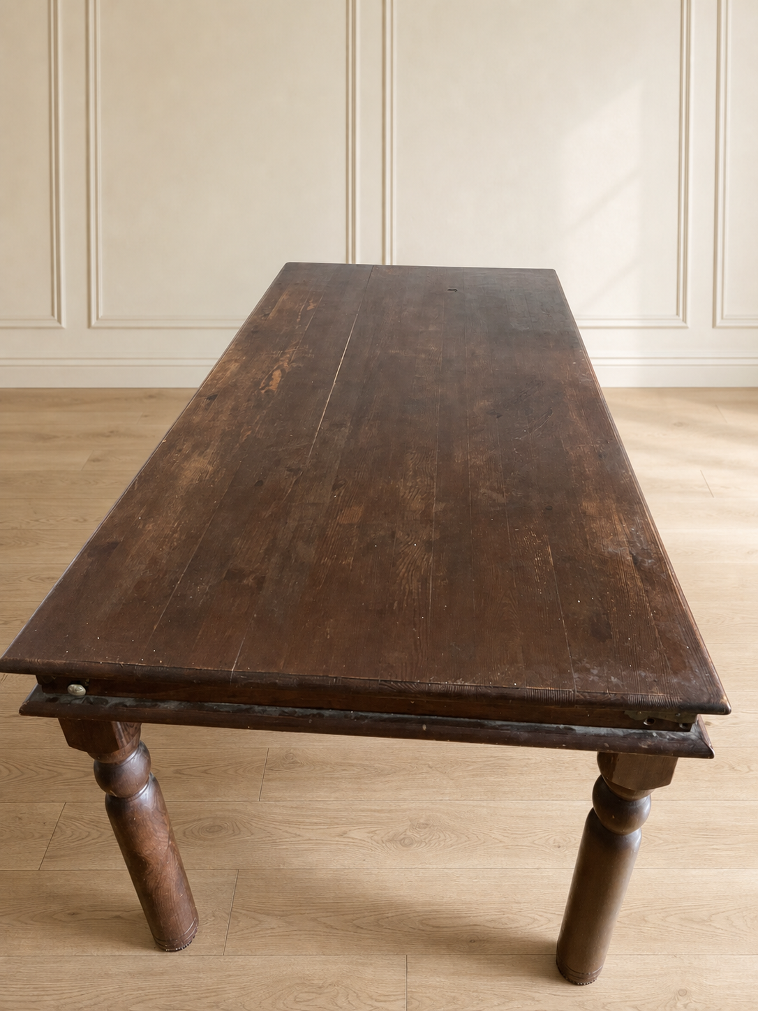 Large Antique Solid Wood Extending Dining Table with Turned Legs