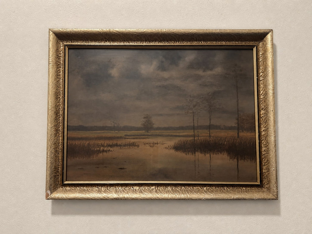 Quiet Wetland Landscape beneath an Overcast Sky – Oil Painting, Signed Vrána, 55 × 43 cm